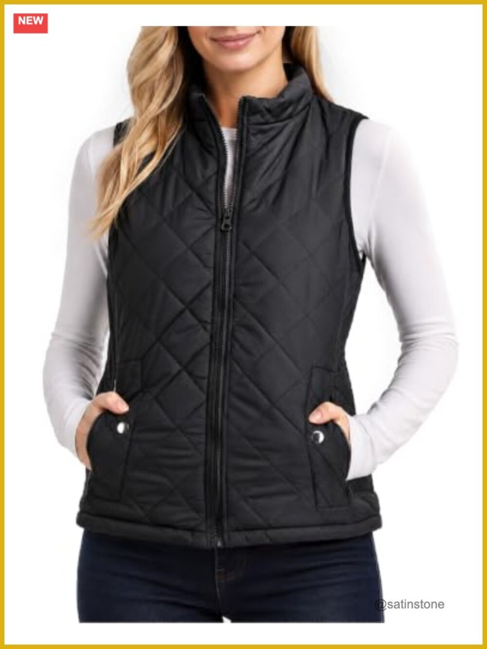 Women's Quilted Puffer Vest Sleeveless Stand Collar Zip Pockets Lightweight Warm